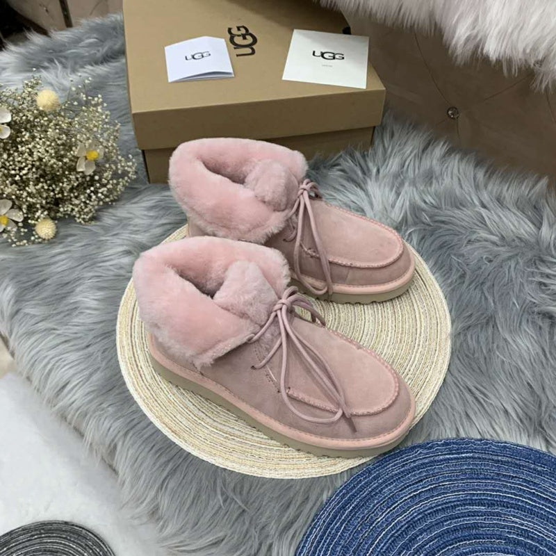 Pink Fluffy Cuff Lace-Up Ankle Boots — New Arrival | In Stock