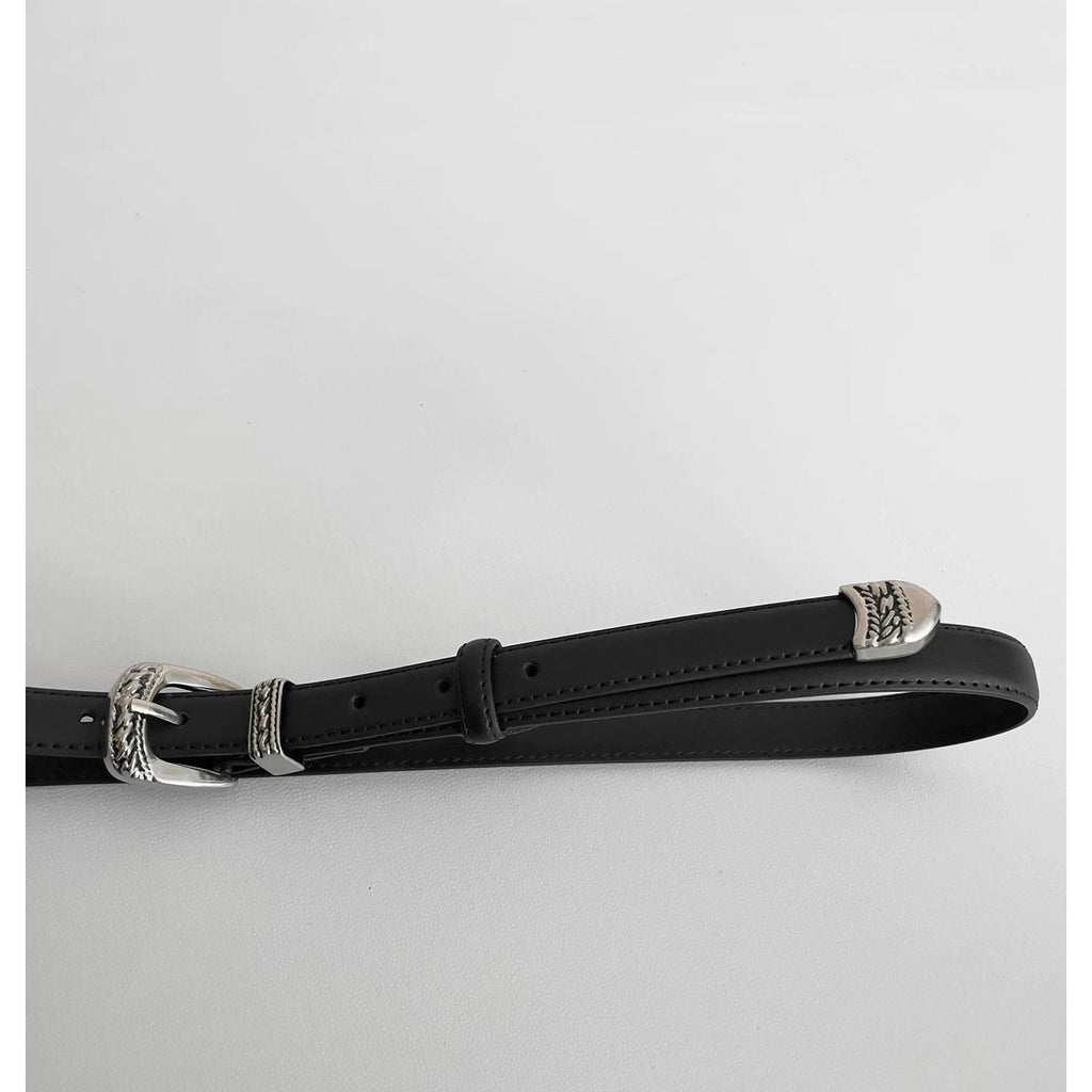 Vintage Leather Belt Silver Metal Buckle Western Waist Belt