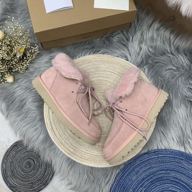 Pink Fluffy Cuff Lace-Up Ankle Boots — New Arrival | In Stock