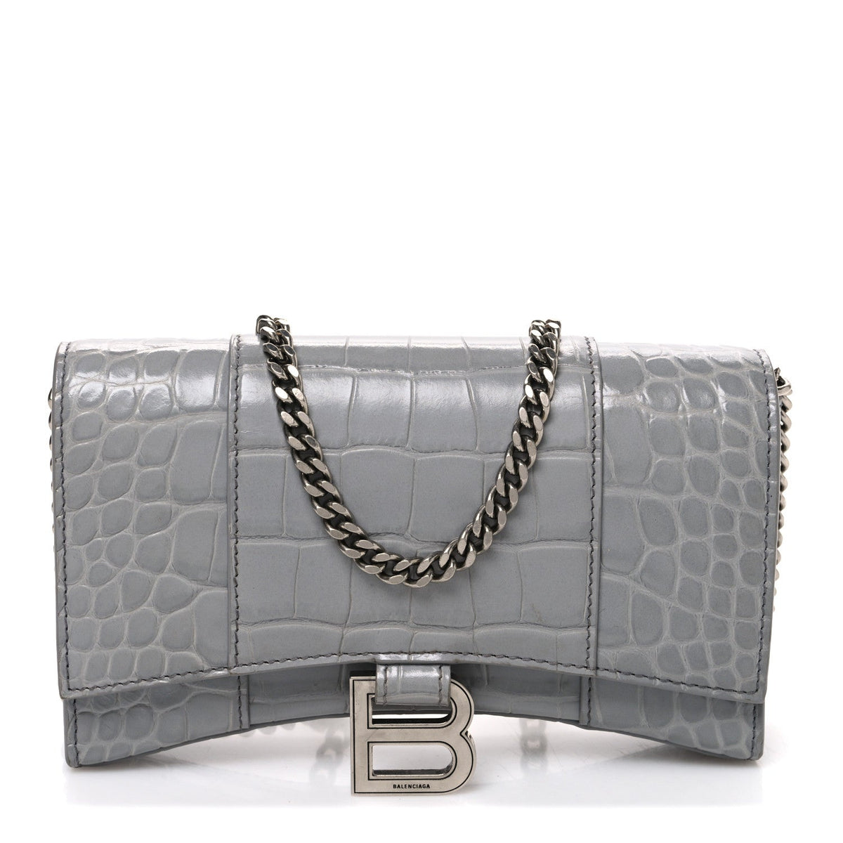 Shiny Calfskin Crocodile Embossed Hourglass Chain Bag Balenciaga Steel Grey