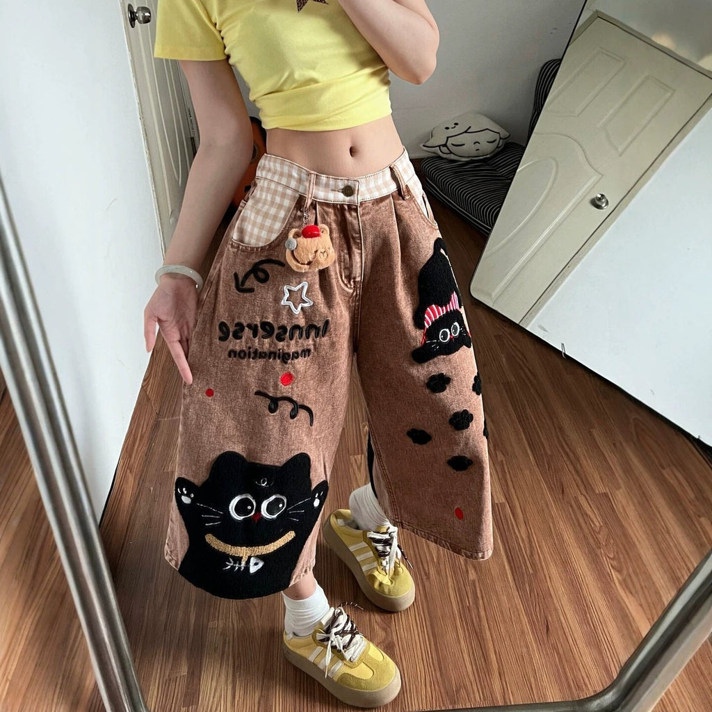 Fun Cartoon Patchwork Denim Capri Pants Loose Wide Leg Mid Jeans
