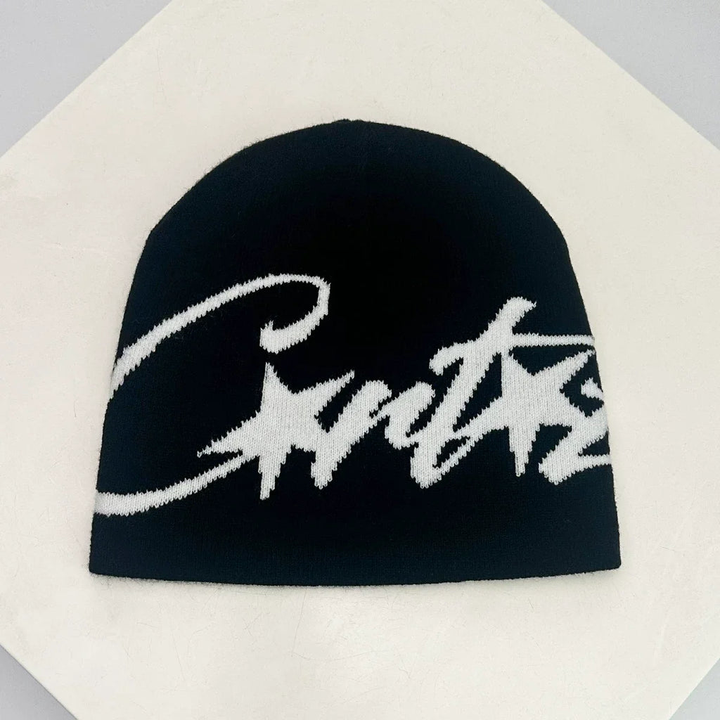 Corteiz Oversized Script Knit Beanie – Black / Grey / Curry