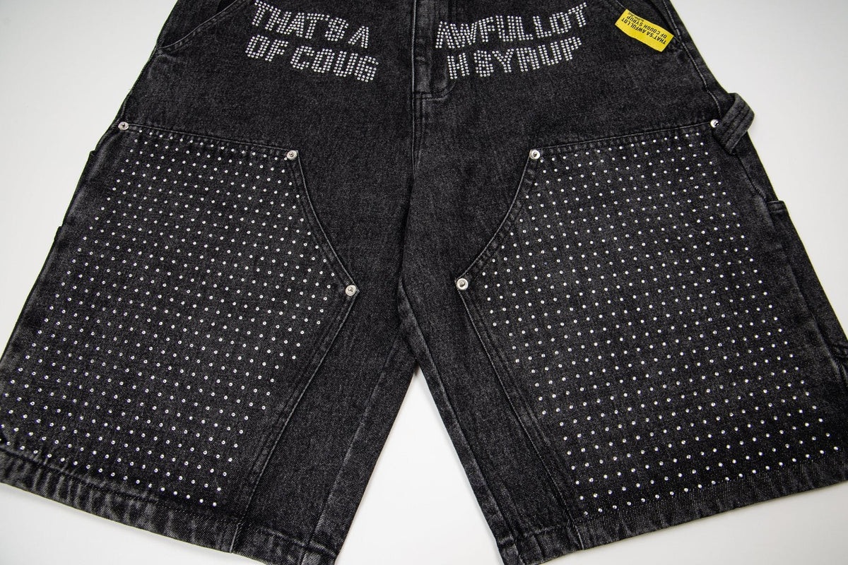 THAT'S A AWFUL LOT OF COUGH SYRUP Rhinestone Washed Denim Shorts