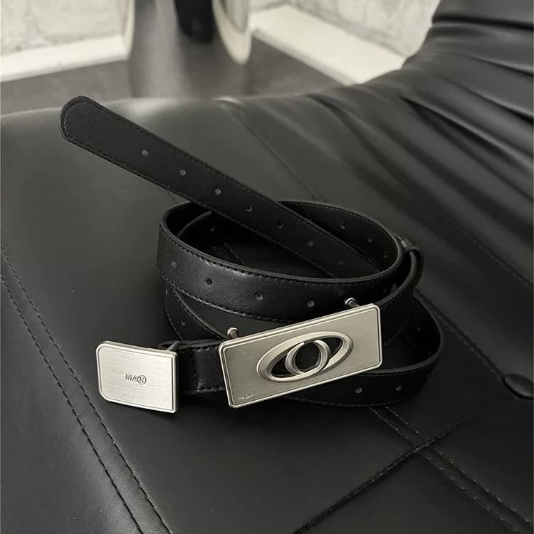 Marthenaut Leather Belt Rectangle Cutout Logo Metal Buckle Waist Belt