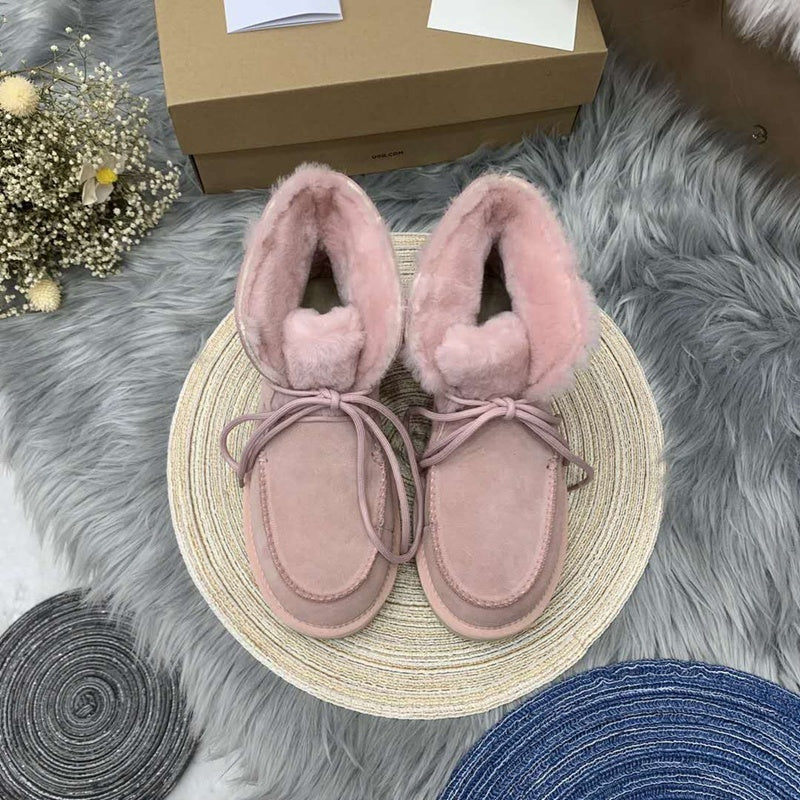 Pink Fluffy Cuff Lace-Up Ankle Boots — New Arrival | In Stock