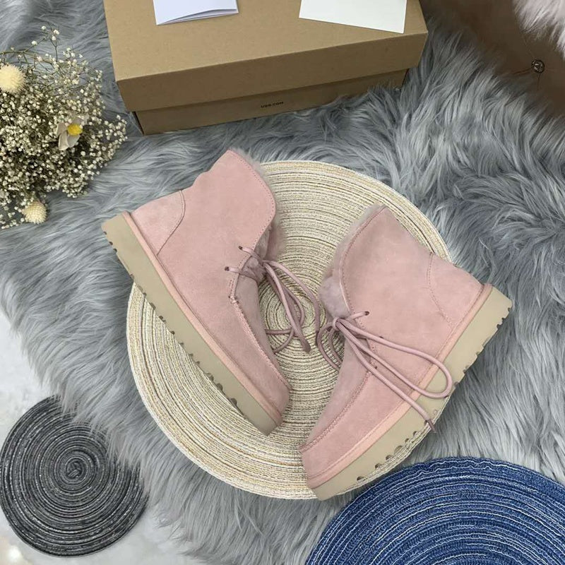 Pink Fluffy Cuff Lace-Up Ankle Boots — New Arrival | In Stock