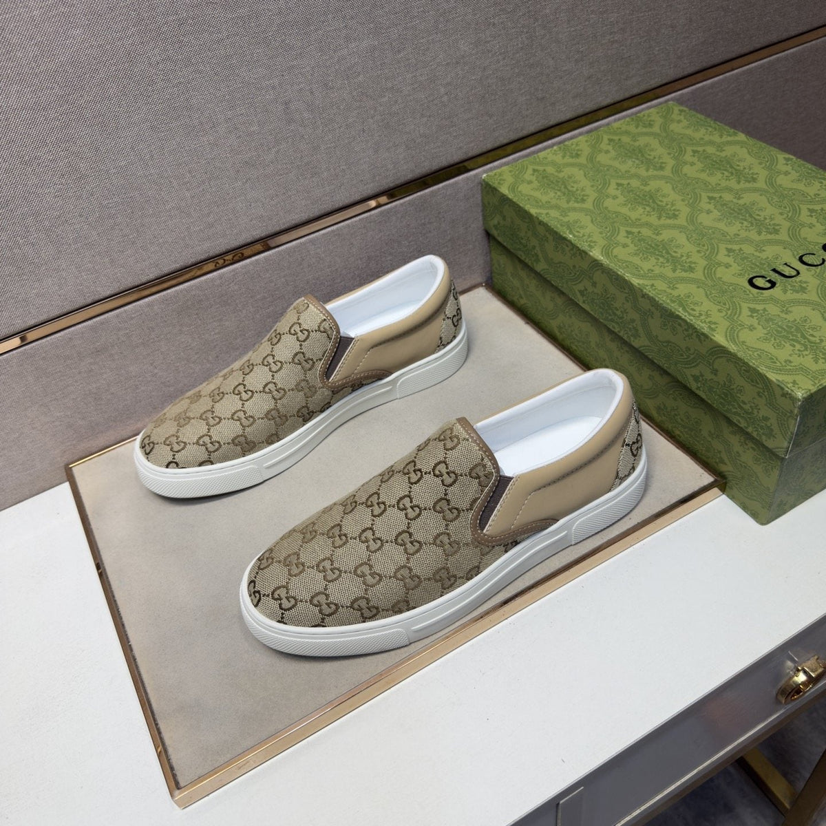 Gucci Men's Beige Patterned Slip-On Sneakers