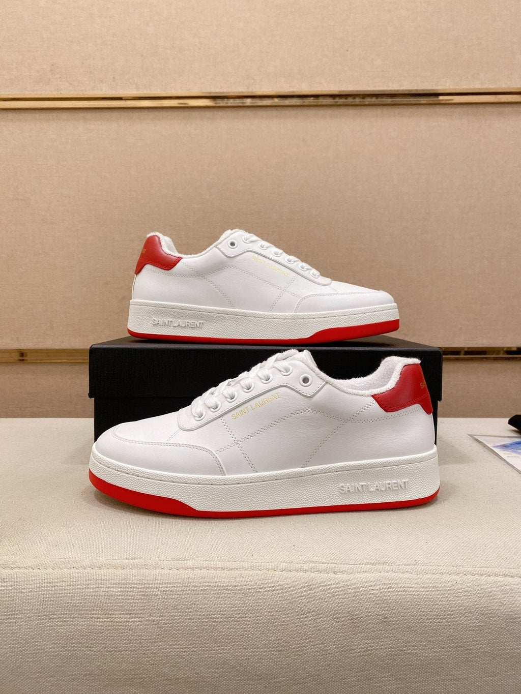 Saint Laurent White Red Perforated Low-Top Sneakers