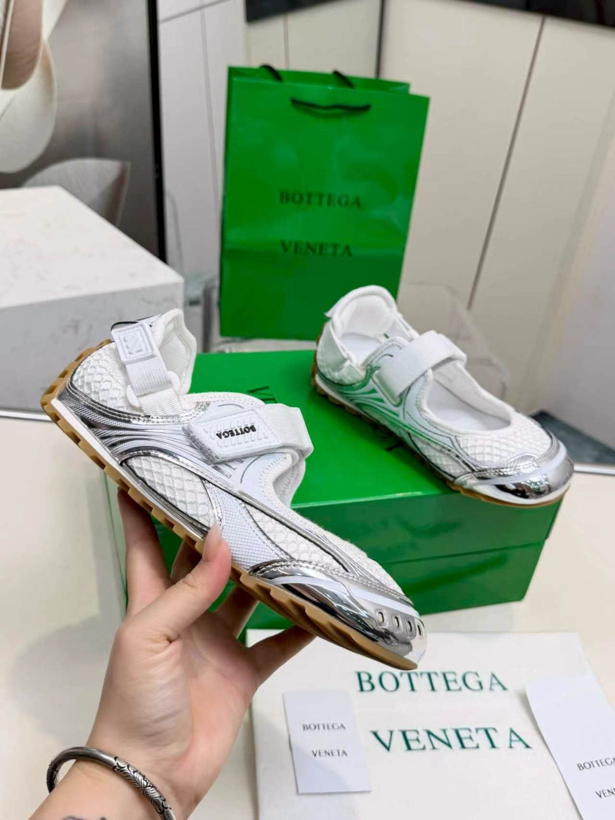 Bottega Veneta White Mesh Strap Sneakers