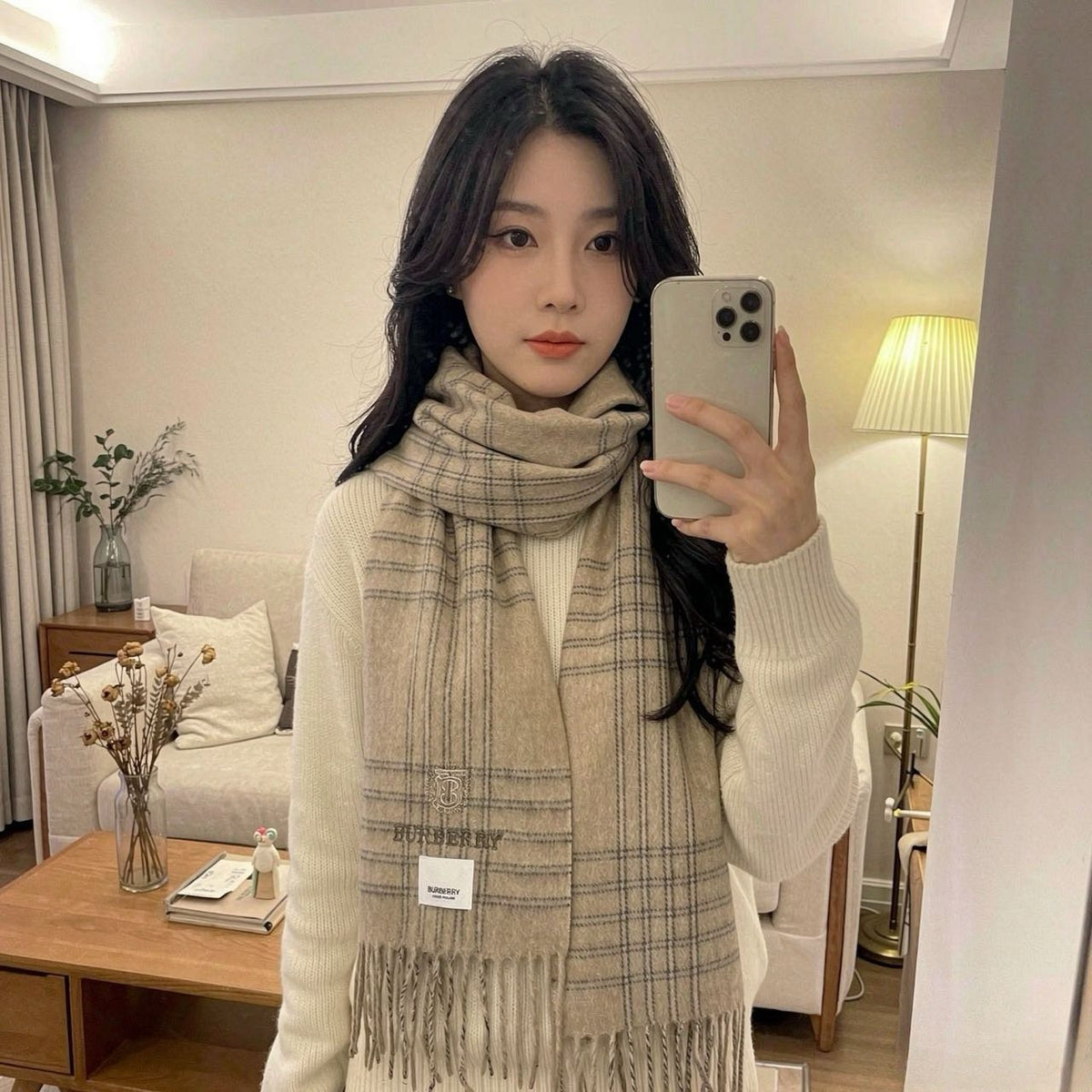 Burberry Light Blue Plaid Fringed Scarf
