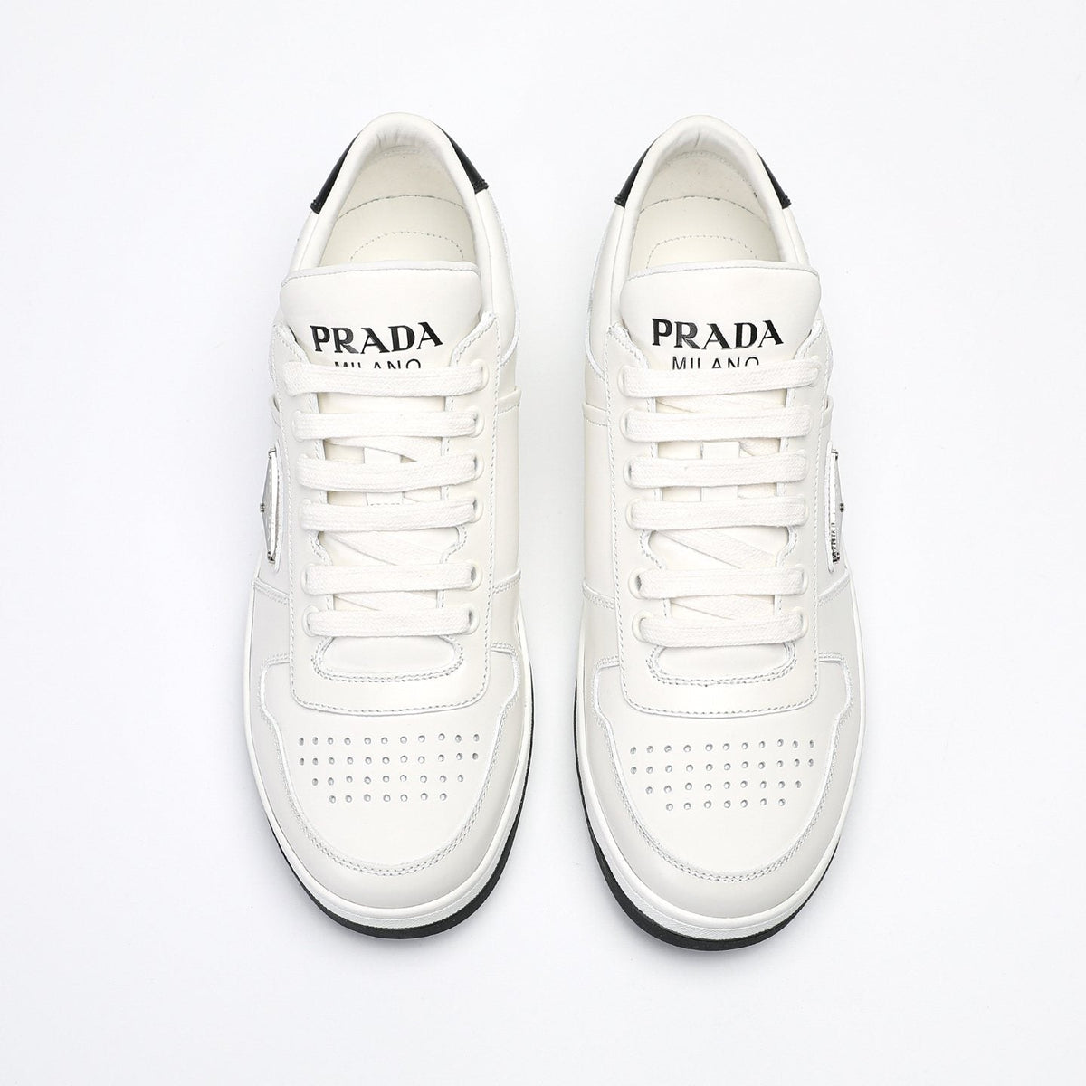 Prada Men's Triangle Plaque Low-Top Sneakers - Perforated Toe Box